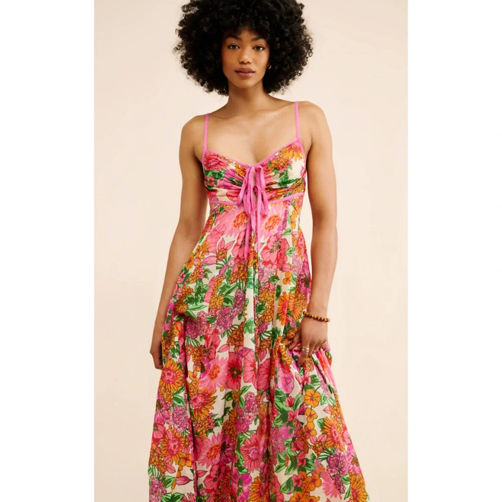 FREE PEOPLE PINK FLORAL DREAM WEAVER BOHO MAXI DRESS SZ XS